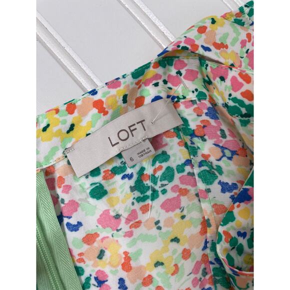 NWOT LOFT Ruffle Strap Midi Dress Green Pink Floral Summer Boho Silk Size 6 - Picture 7 of 8
